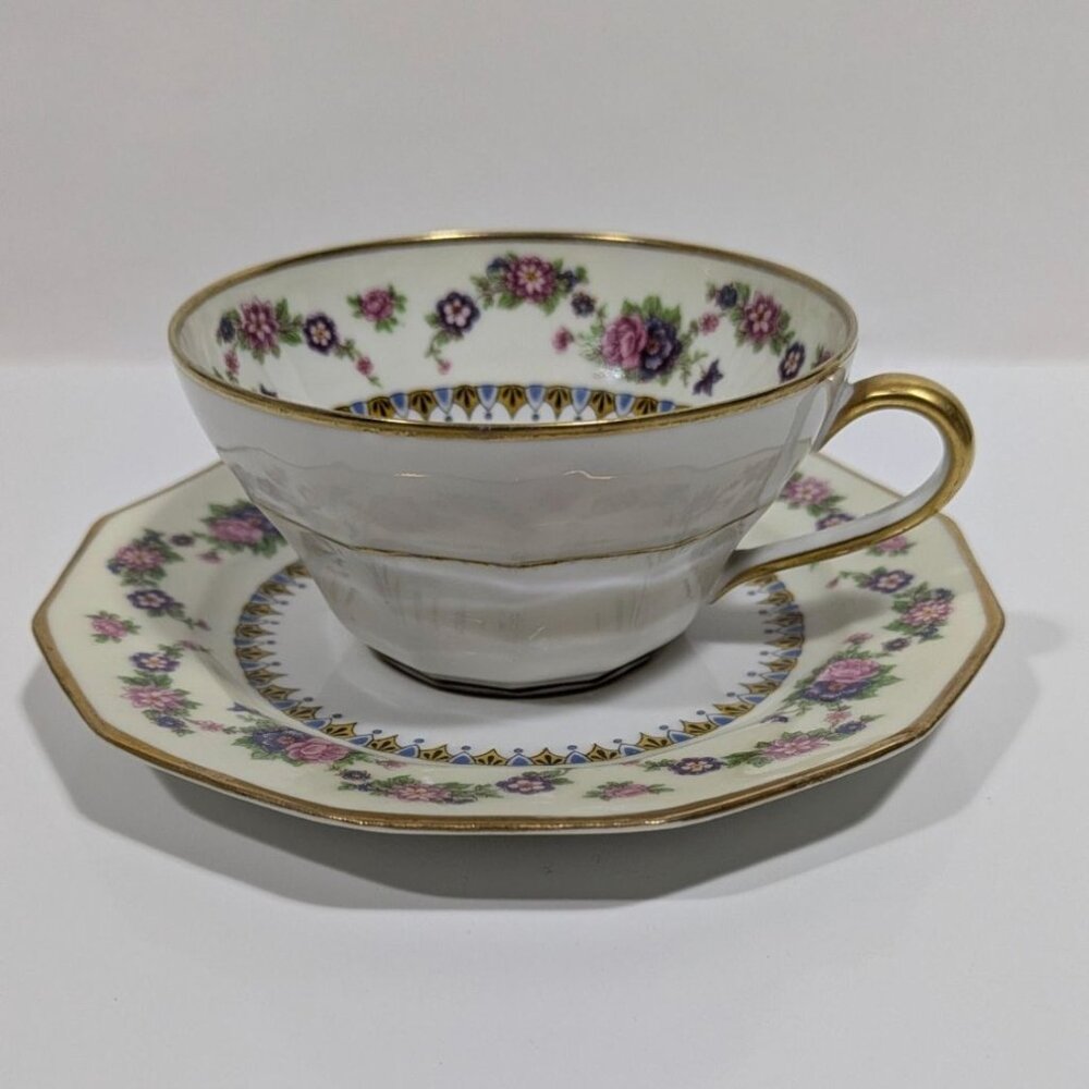 C. Ahrenfeldt Limoges France Cup Saucer Pink & Blue Flowers Gold Trim